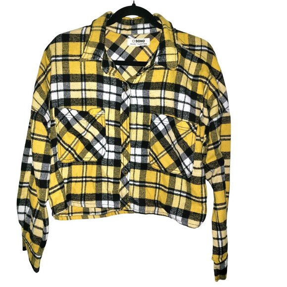 CI SONO | Yellow Plaid Wide Flannel Cropped Top - Picture 2 of 11